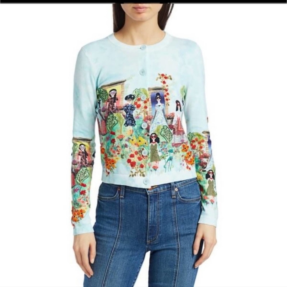 Alice + Olivia Ruthy Palace Knit Blue Cropped Cardigan